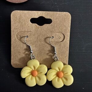 Yellow Flower Dangle Earrings with Orange Center